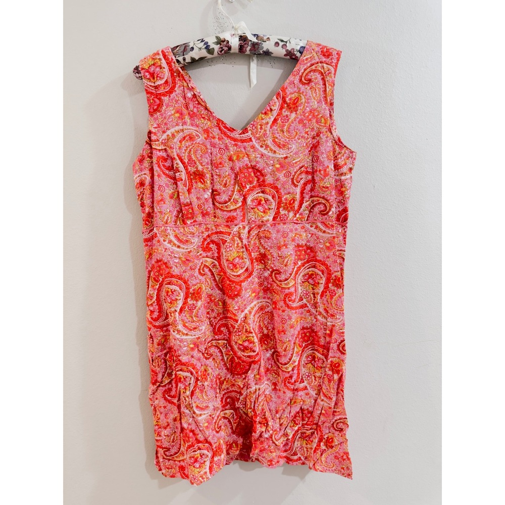 Real‎ Comfort Pink Orange Paisley Rayon Sleeveless Shift Dress Size 8 Y2K Resort